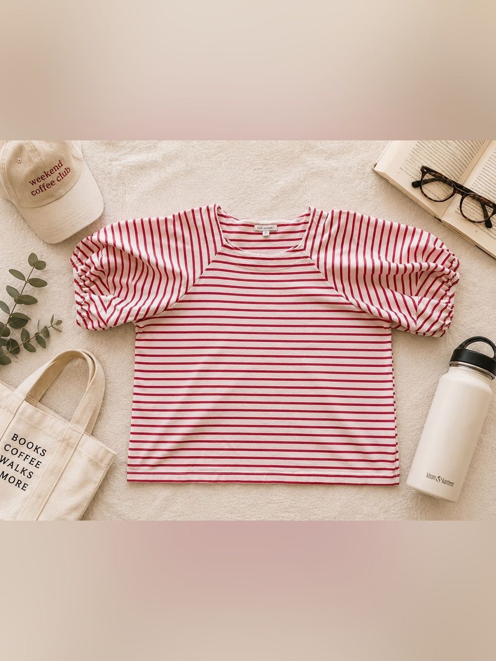 Free Assembly Striped Puff Sleeve Top Pink White Cotton XL